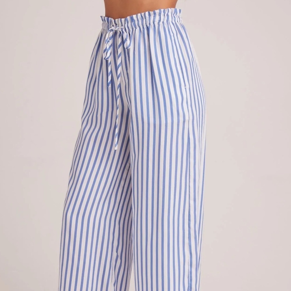 Bella Dahl | Ruffled Waist Tie Front Wide Leg Pinstriped Blue White Ankle Pant
